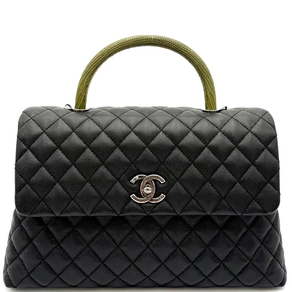 Black Coco Handle Medium Caviar Leather and Lizard Handle Bag